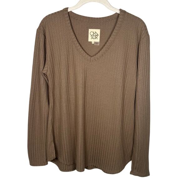 Chaser Brown V-neck Textured Waffle Knit Long Sleeve Top Women's Small - Picture 2 of 9
